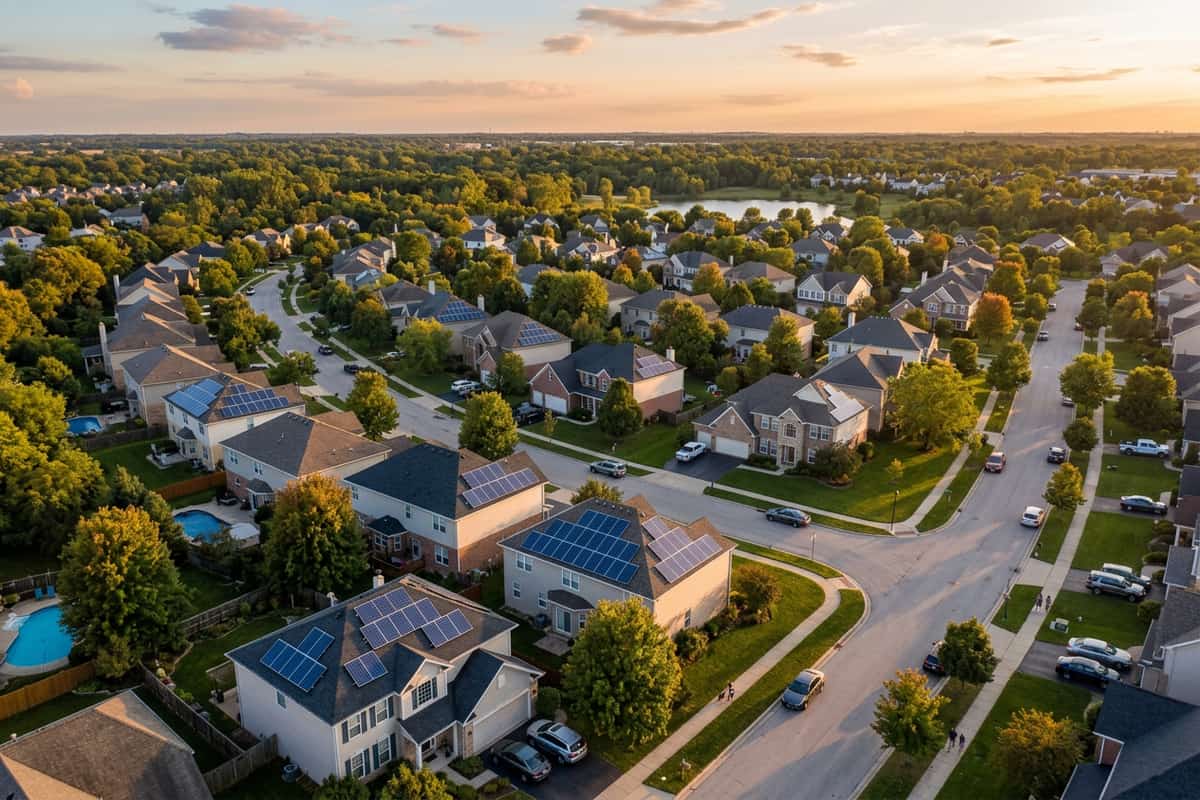 Aerial view of a suburban neighborhood with rooftop solar arrays at sunset.