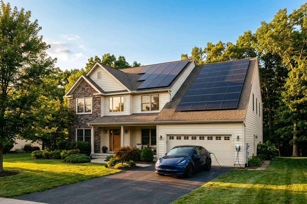 Larger rooftop solar array on a spacious home with an electric car in the driveway — a 10 kW solar system.