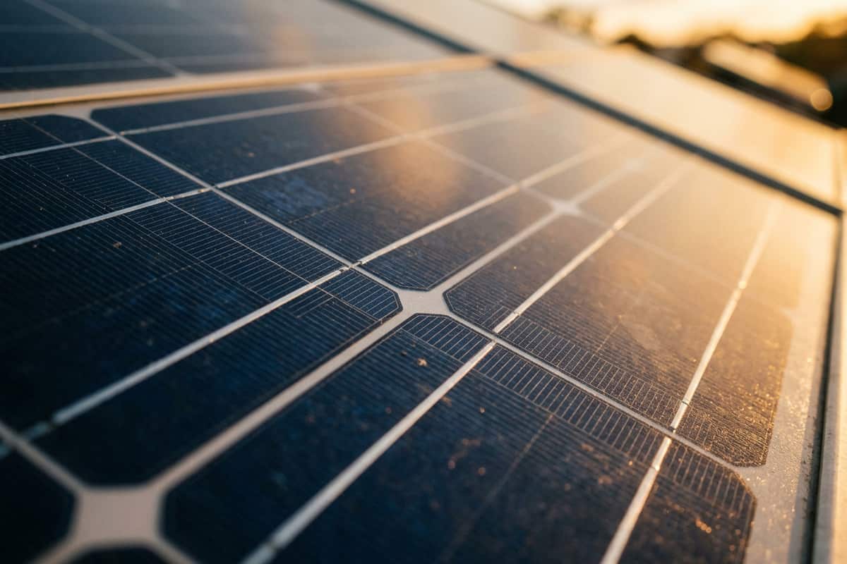 Close-up of a solar panel surface showing the photovoltaic cell grid in raking sunlight.
