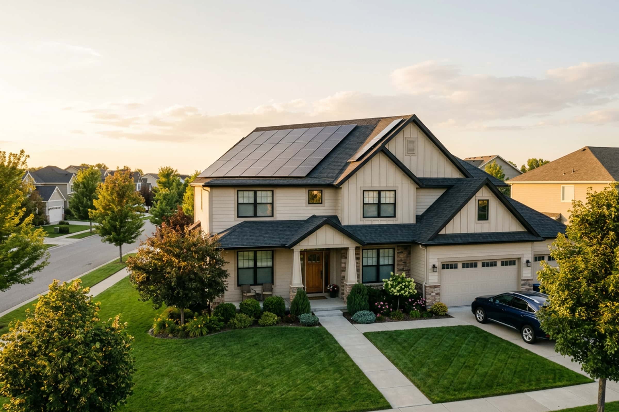 Rooftop solar panels on a modern suburban home at golden hour — a typical residential solar installation.