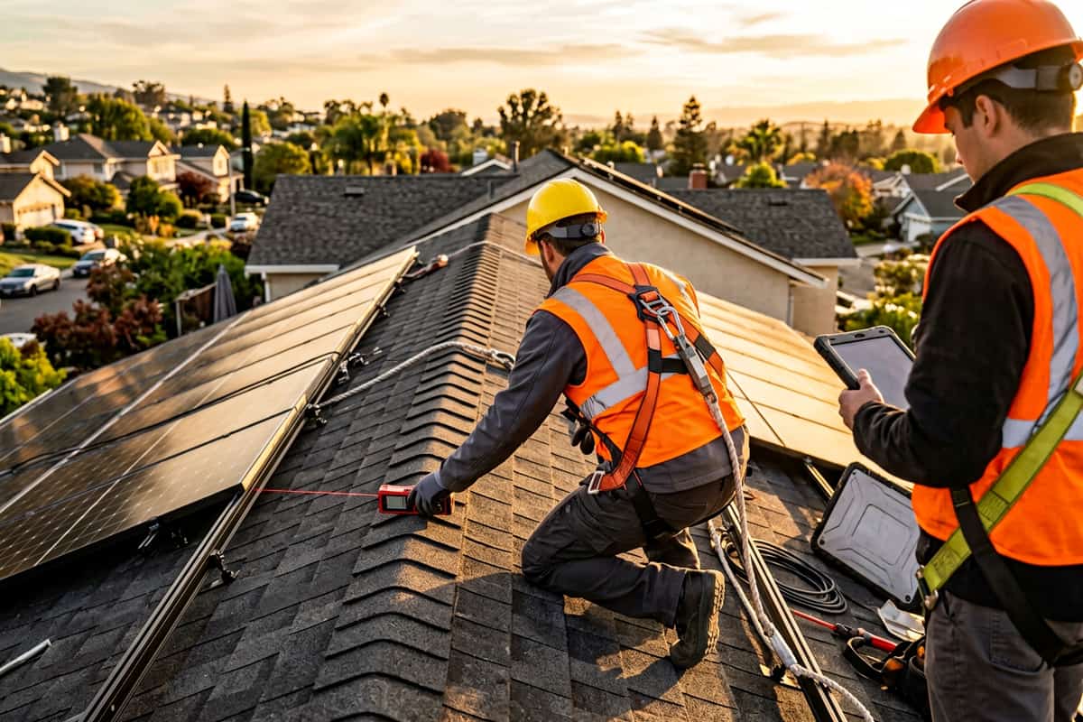 Solar installer measuring a roof plane with a laser tool before designing a solar system.