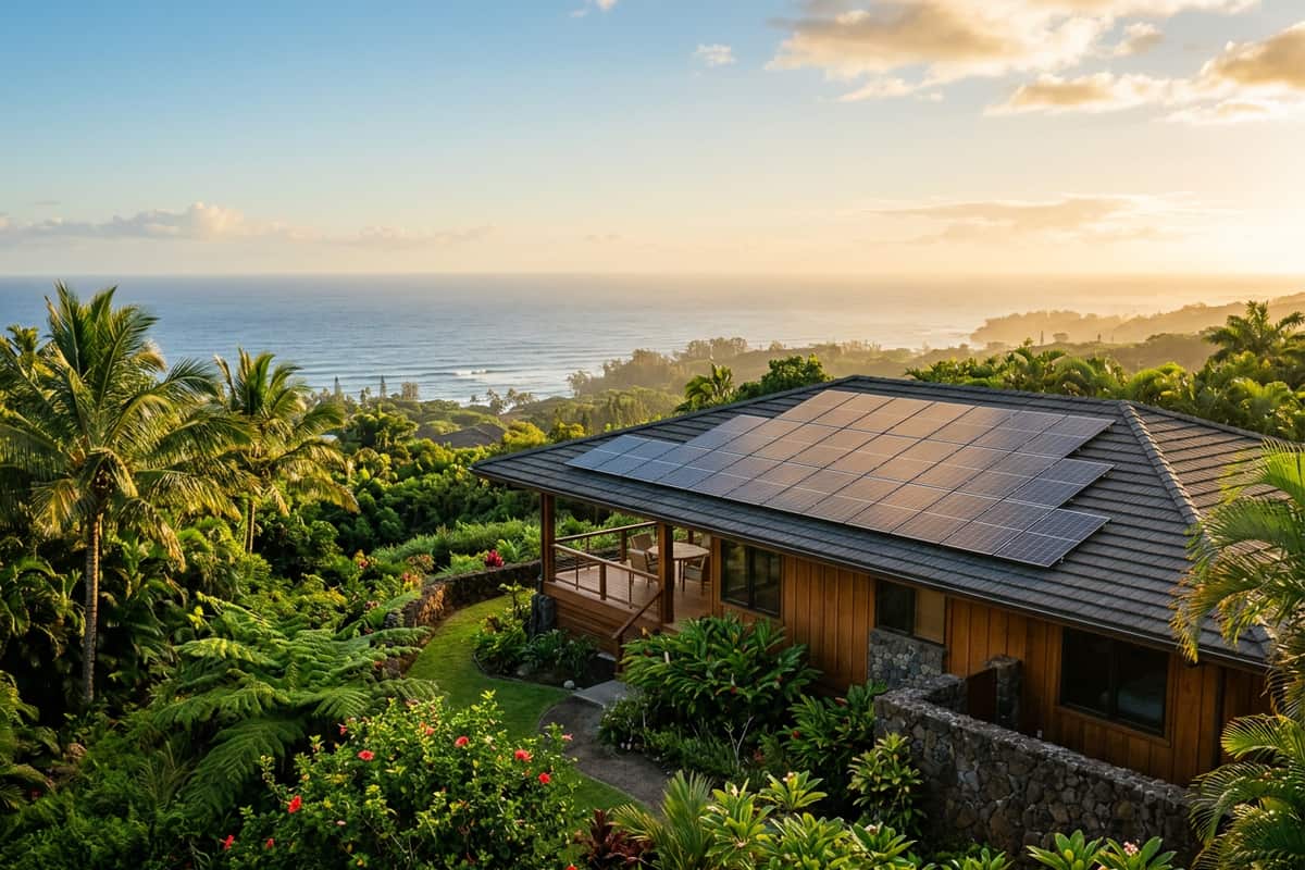 Rooftop solar panels on a tropical Hawaiian home in Hawaii.