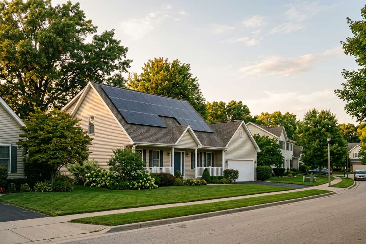 Rooftop solar panels on a Midwest home with a gable roof in Illinois.