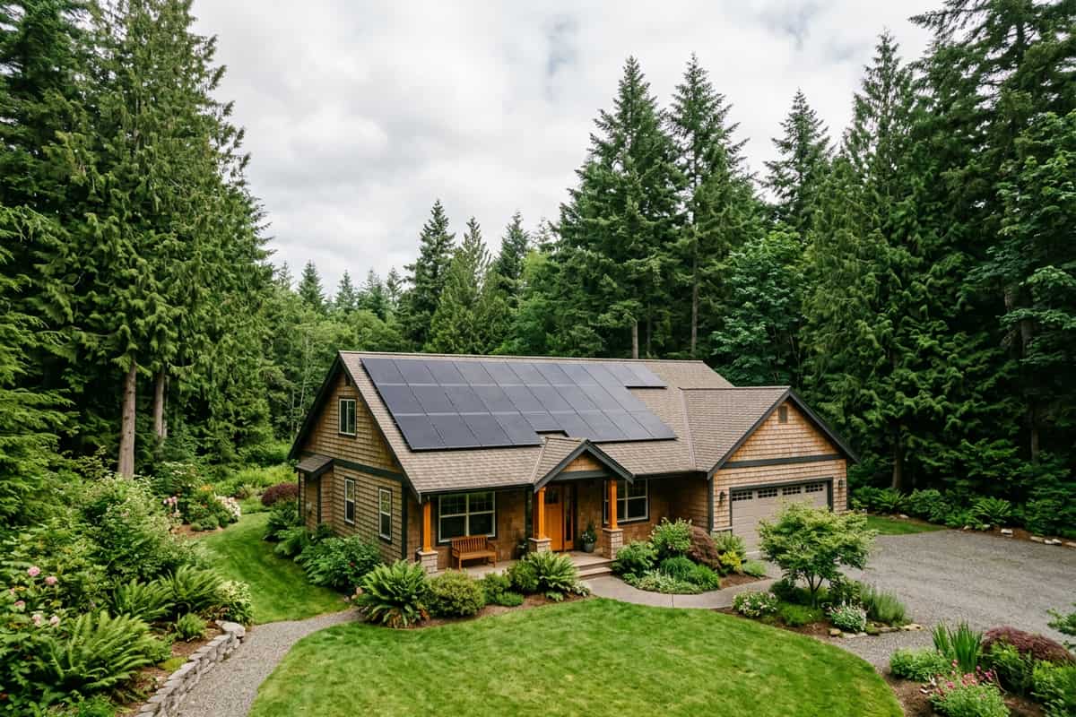 Rooftop solar panels on a Pacific Northwest home among evergreens in Washington.