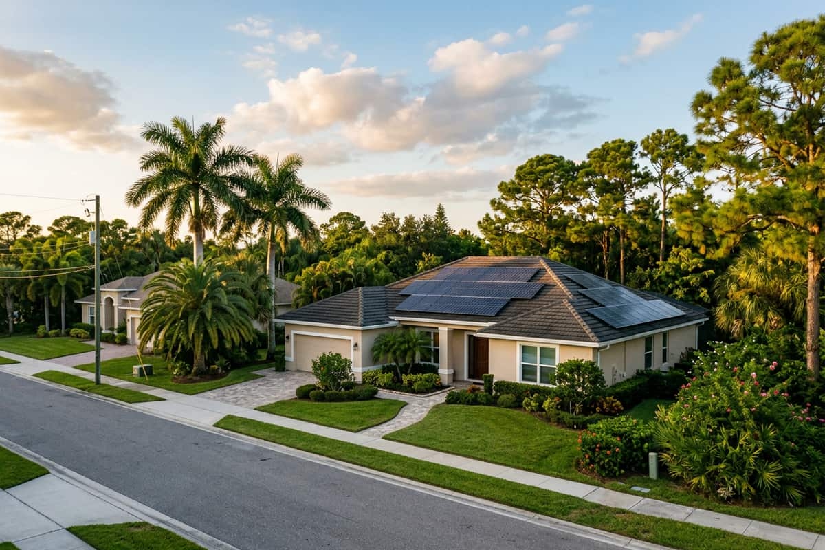 Rooftop solar panels on a Southeast coastal home with a hip roof in Florida.