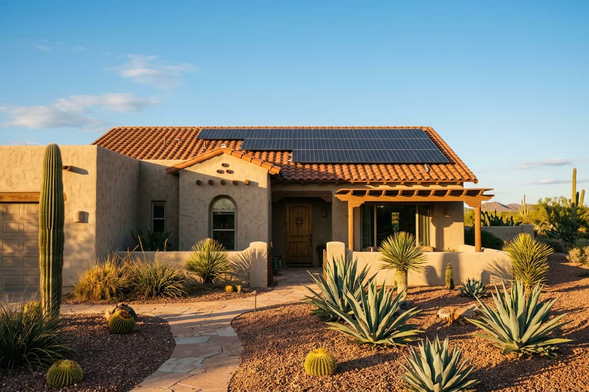 Rooftop solar panels on a desert Southwest home with a tile roof in Nevada.