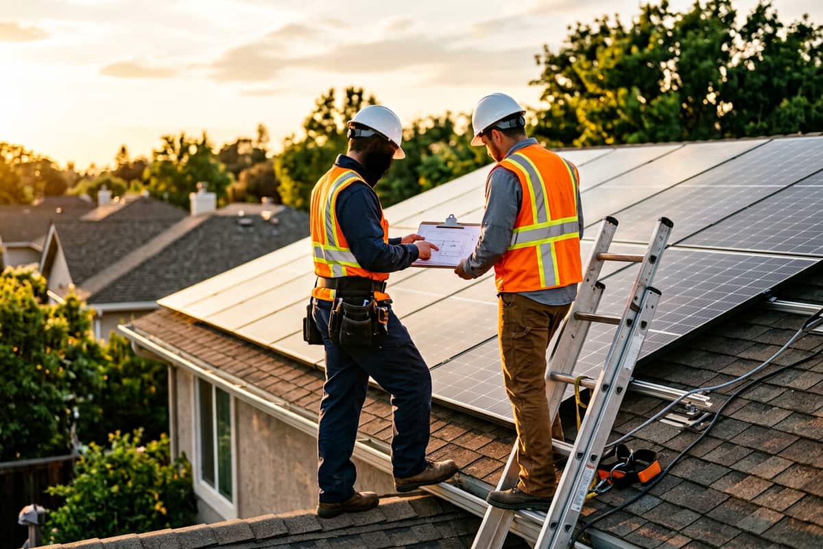 Two solar installers reviewing proposal documents together at a residential installation site.