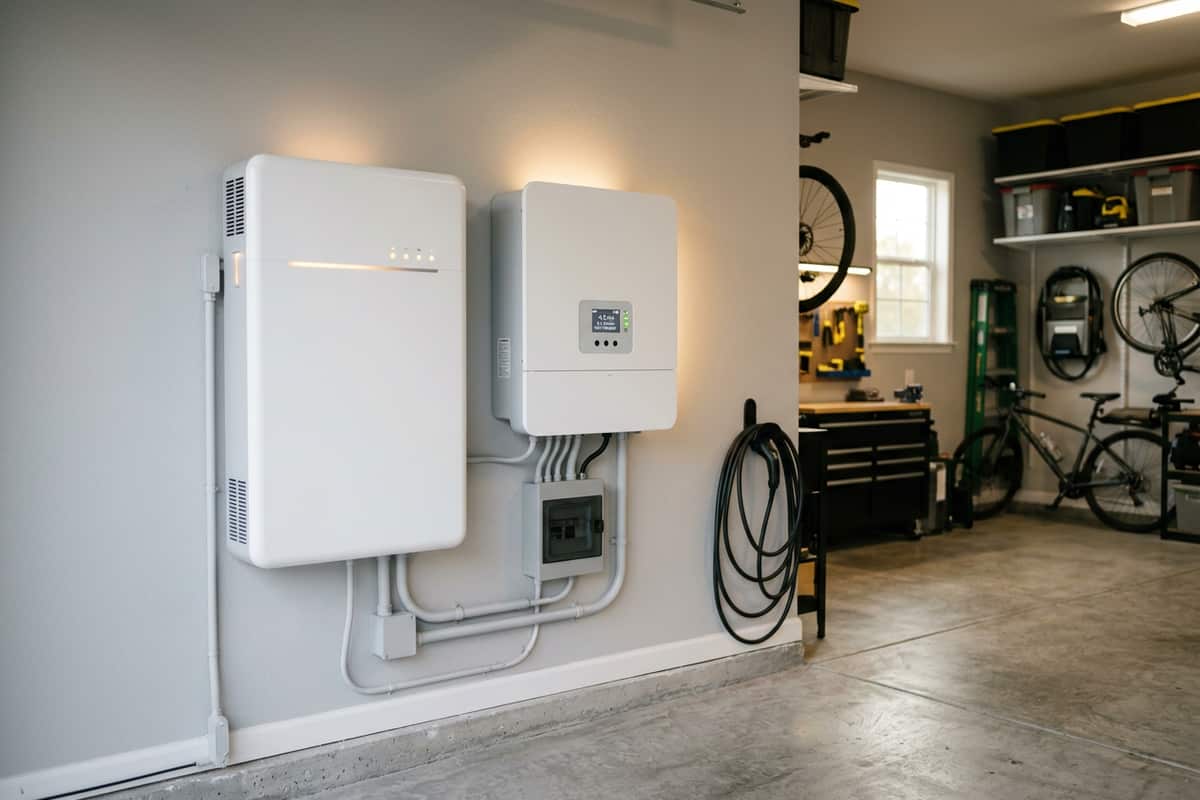 Wall-mounted home battery storage unit with inverter in a residential garage.